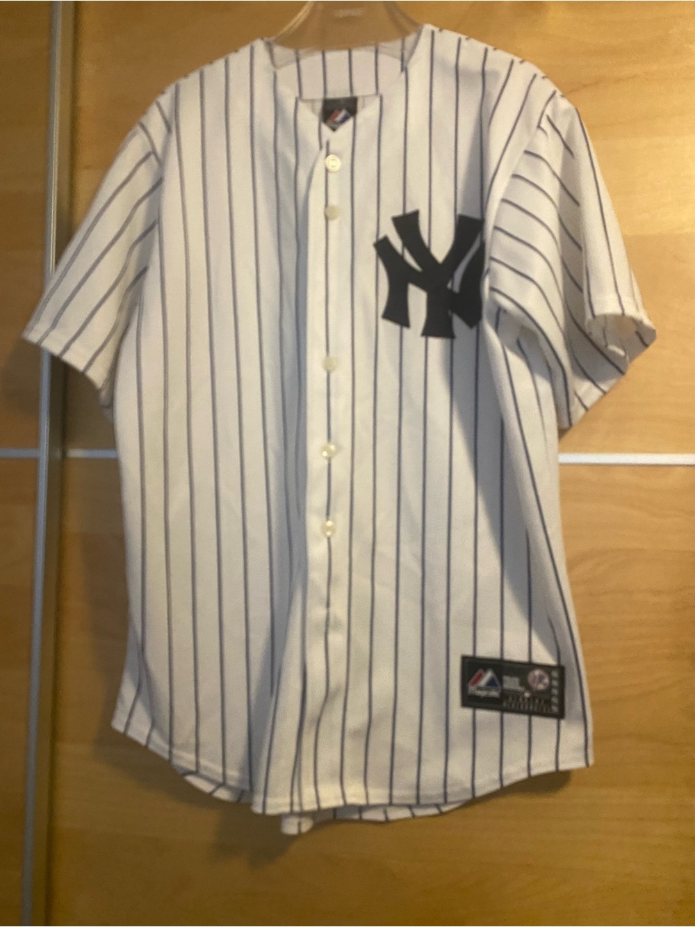 Majestic White and Navy Pinstripe Youth Baseball Jersey Derek Jester .